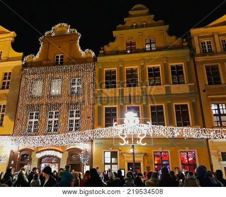 Poznan, Poland - 02 December 2017: Traditional Christmas fair in the evening