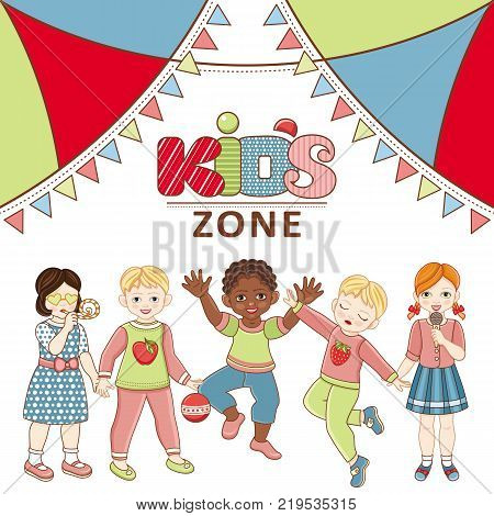Kid zone banner, poster design with children jumping, signing, dancing, having fun, cartoon vector illustration isolated on white background. Cartoon style Kid Zone banner, poster, invitation design