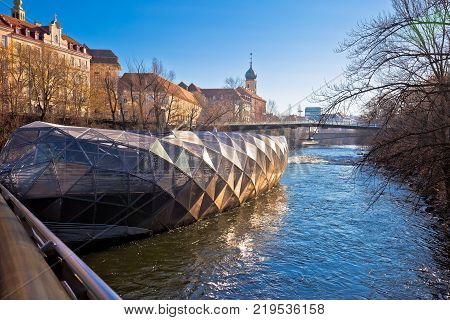 City of Graz Mur river and Murinsel view Styria region of Austria