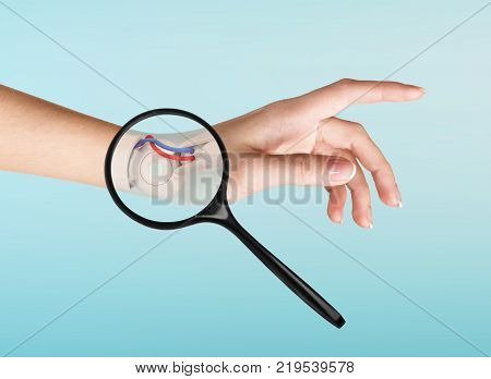 Robot hand inside human hand. Hand prosthesis concept. 3d rendering.