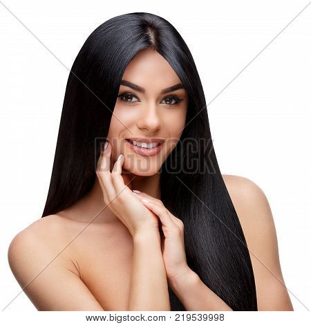 Beautiful Face of Young Woman with Clean healthy hair close up isolated on white. Beauty Portrait. Beautiful Spa Woman. Perfect Fresh Skin. Pure Beauty Model. Youth and Skin Care Concept