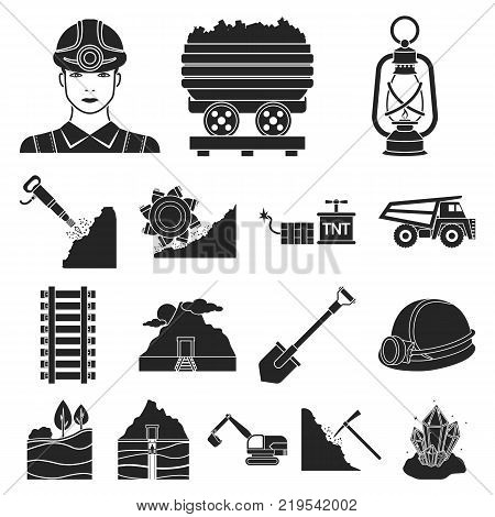 Mining industry black icons in set collection for design. Equipment and tools vector symbol stock  illustration.