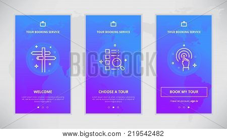 Onboarding design concept for tour booking service. Modern vector outline mobile app design set of tour booking services. Onboarding screens for tour booking on-line