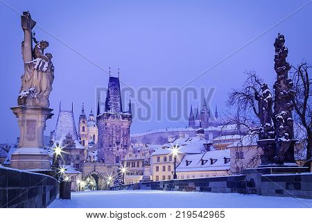 Czech Republic - Prague -  Charles Bridge in winter morning