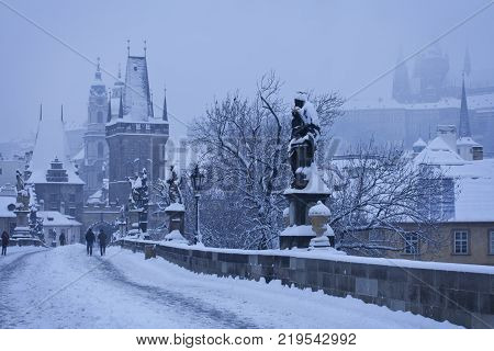 Czech Republic - Prague -  Charles Bridge in winter morning