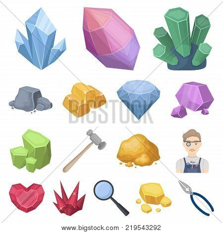 Precious Minerals cartoon icons in set collection for design. Jeweler and Equipment vector symbol stock  illustration.