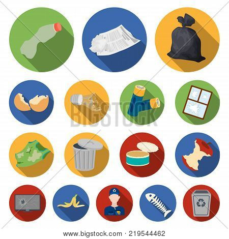Garbage and waste flat icons in set collection for design. Cleaning garbage vector symbol stock  illustration.