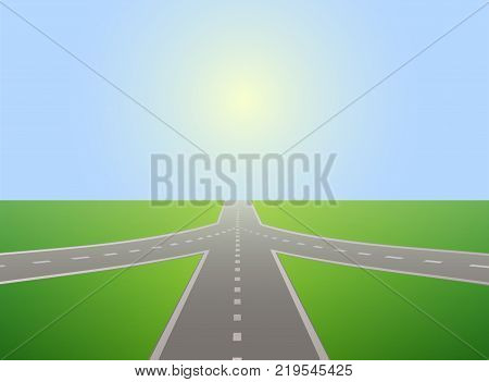 Illustration of empty highway with road junction. Road leading to horizon and sunlit sky. Vector is perfect to illustrate the travels, adventures, logistics, navigation, the choice places in life.