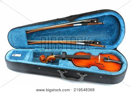 Violin in the case isolated on white background