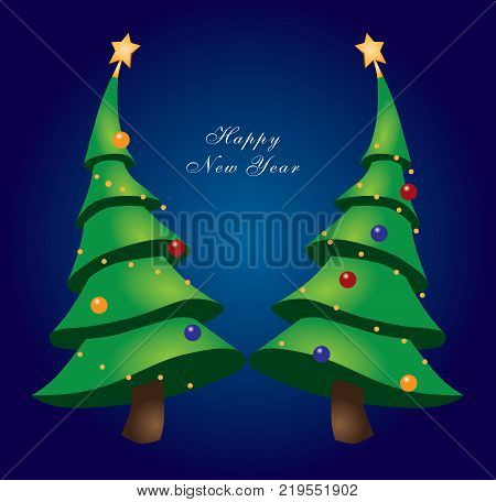 Happy New Year. Two Christmas trees decorated with balls.
