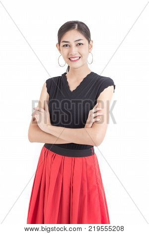 Portrait Of Asian Woman With Beautiful Dress. Woman Fashion Concept. Isolated On White Background.