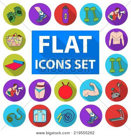 Fitness and attributes flat icons in set collection for design. Fitness equipment vector symbol stock  illustration.