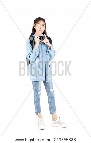Beautiful Asian Woman Holding Camera With Attractive Smiling, Isolated On White Background.