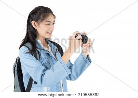 Beautiful Asian Woman Holding Camera With Attractive Smiling, Isolated On White Background.