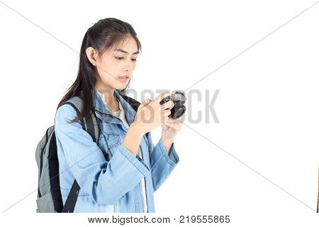 Beautiful Asian Woman Holding Camera With Attractive Smiling, Isolated On White Background.