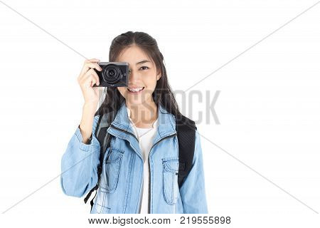 Beautiful Asian Woman Holding Camera With Attractive Smiling, Isolated On White Background.