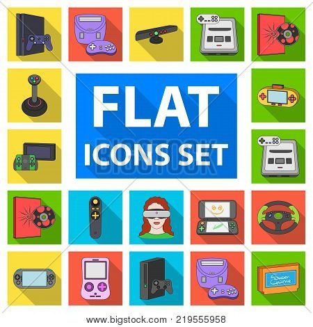 Game console and virtual reality flat icons in set collection for design.Game Gadgets vector symbol stock illustration.