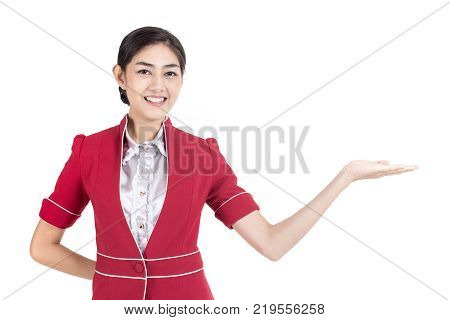 Portrait Of Asian Air Hostess Posing With White Background, Woman Stand And Smile At Isolated On Whi