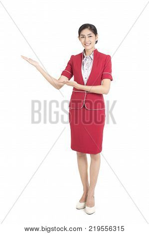 Portrait Of Asian Air Hostess Posing With White Background, Woman Stand And Smile At Isolated On Whi