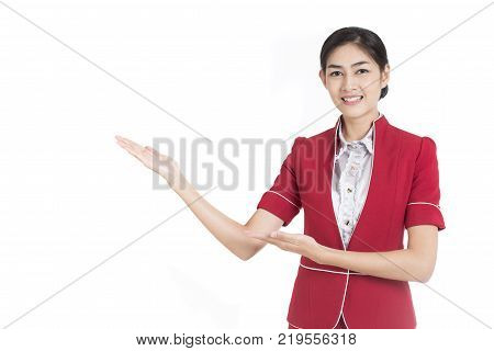 Portrait Of Asian Air Hostess Posing With White Background, Woman Stand And Smile At Isolated On Whi