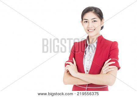 Portrait Of Asian Air Hostess Holding Airplane Model With White Background, Woman Stand And Smile At