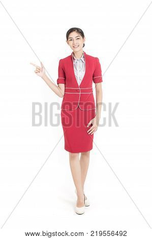 Portrait Of Asian Air Hostess Posing With White Background Woman Stand And Smile At Isolated On Whit