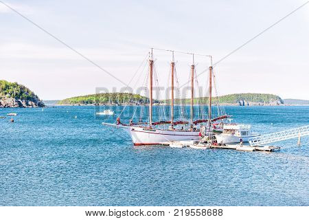 Bar Harbor, Usa - June 8, 2017: Pier With Tour Ship Sail Boat Called Margaret Todd Windjammer And Pe