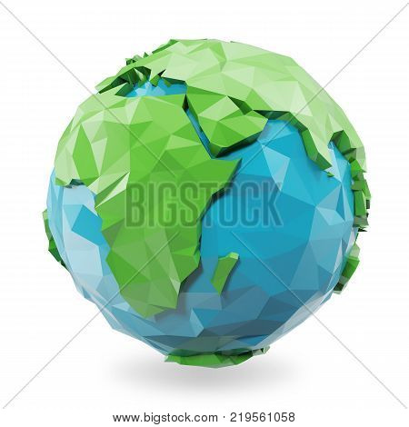 3D Rendering low poly earth globe illustration. Polygonal globe icon, low poly style.