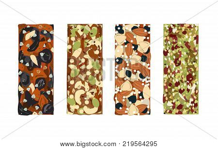 Various vector granola bars isolated on white background. Healthy gluten-free and lactosa free snacks with honey, grains, and nuts. Energy bars vector