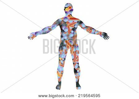 Human body silhouette made from bacteria, 3D illustration. Concept for human microbiome or disease-causing microbes