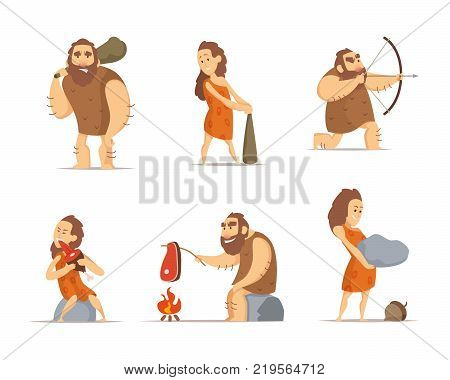 Characters of male and female. Primitive cave people from prehistoric period. Caveman prehistoric male and female, barbarian hunter. Vector illustration