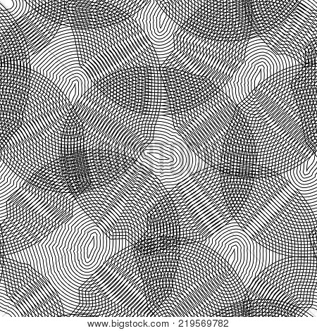 Vector monochrome seamless pattern, curved lines, black white background. Abstract dynamical rippled surface, visual halftone 3D effect, illusion of movement, curvature. Design for tileable print