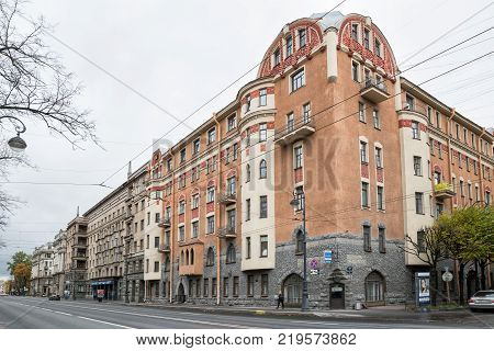 SAINT-PETERSBURG RUSSIA - OCTOBER 18 2017: The old building of K.V.Markov's profitable house in the style of the Northern Art Nouveau Kamennoostrovsky Avenue