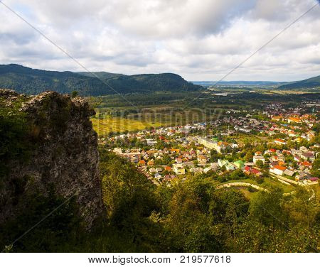 beautiful view from above of the town of Khust in the dalan of the Carpathian Mountains in Ukraine