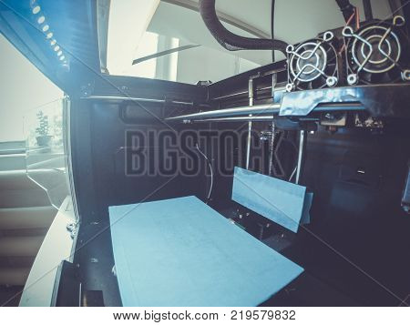 Blank 3d printer inside close-up. Action camera go pro. Wide angle