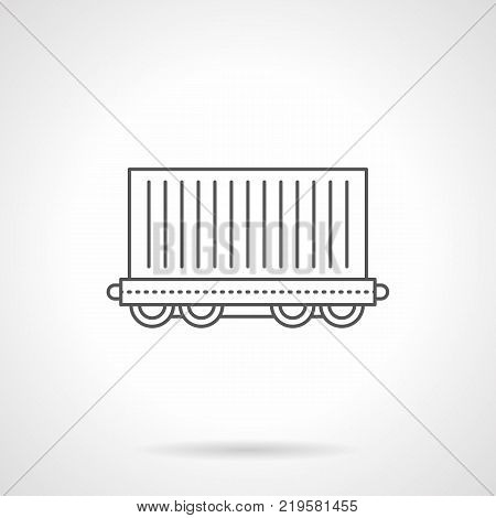 Symbol of side view of cargo wagon. Rail cars and railroad freight transportation concept. Flat black line vector icon.