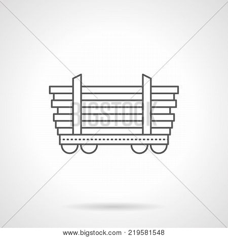 Symbol of platform car for long freights. Rail cars and railroad freight transportation of pipes, poles, timber. Flat black line vector icon.