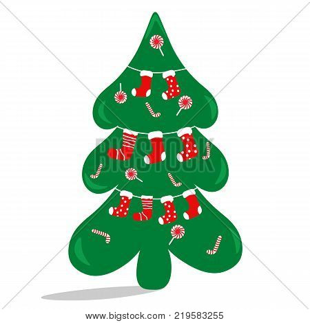 The Christmas tree is decorated with sweets and socks. Flat vector illustration on white background.