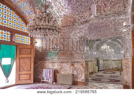 Yazd Iran - April 22 2017: Entrance to the interior of the mosque decorated with a mirror mosaic.