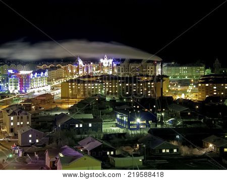 Night Salekhard. Night City In Colorful Lights. Salekhard Is The Capital Of The Yamal-nenets Autonom