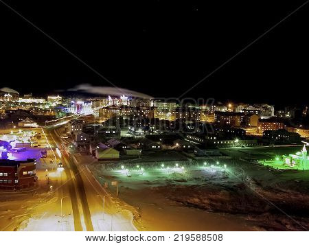 Night Salekhard. Night city in colorful lights. Salekhard is the capital of the Yamal-Nenets Autonomous District.