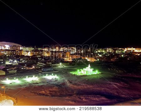 Night Salekhard. Night city in colorful lights. Salekhard is the capital of the Yamal-Nenets Autonomous District.