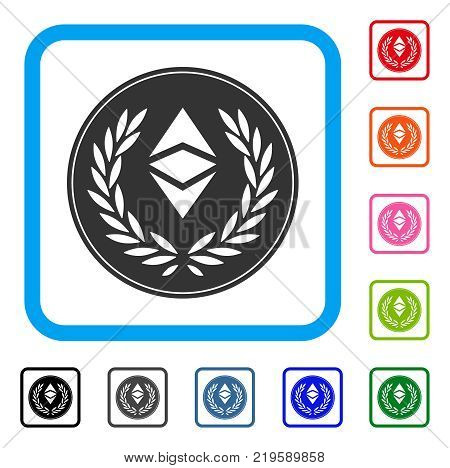 Ethereum Classic Laurel Coin icon. Flat gray pictogram symbol in a blue rounded frame. Black, gray, green, blue, red, orange color additional versions of Ethereum Classic Laurel Coin vector.