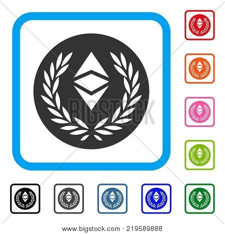 Ethereum Classic Laurel Coin icon. Flat gray pictogram symbol inside a blue rounded squared frame. Black, gray, green, blue, red, orange color versions of Ethereum Classic Laurel Coin vector.