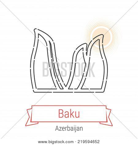 Baku, Azerbaijan Vector Line Icon with Red Ribbon Isolated on White. Baku Landmark - Emblem - Print - Label - Symbol. Baku Flame Towers Pictogram. World Cities Collection.