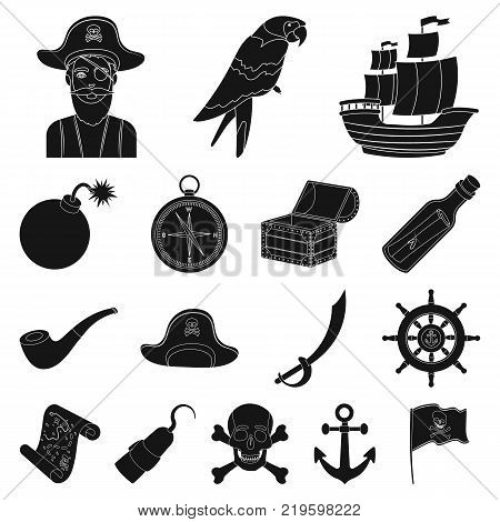 Pirate, sea robber black icons in set collection for design. Treasures, attributes vector symbol stock  illustration.