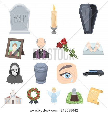 Funeral ceremony cartoon icons in set collection for design. Funerals and Attributes vector symbol stock  illustration.