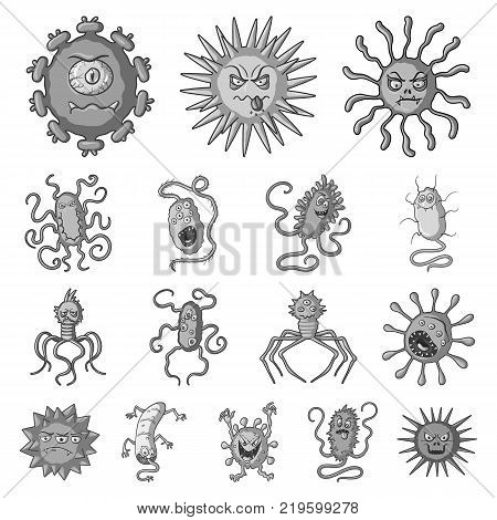 Types of funny microbes monochrome icons in set collection for design. Microbes pathogenic vector symbol stock  illustration.