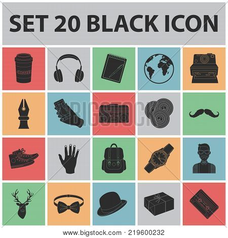 Style Hipster black icons in set collection for design. Hipster Attributes and accessories vector symbol stock  illustration.