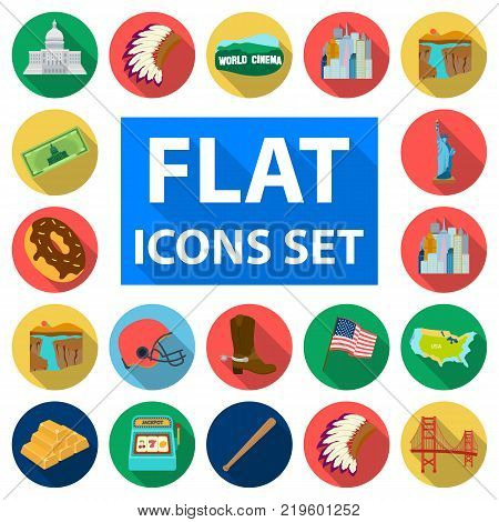 USA country flat icons in set collection for design.Travel and attractions vector symbol stock  illustration.